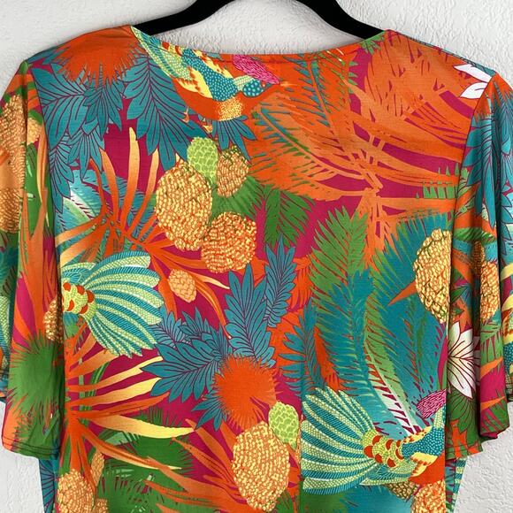 Green Multicolor Tropical Print Tie Front Flutter Sleeve Cropped Top Plus 2X NWT - Picture 8 of 13